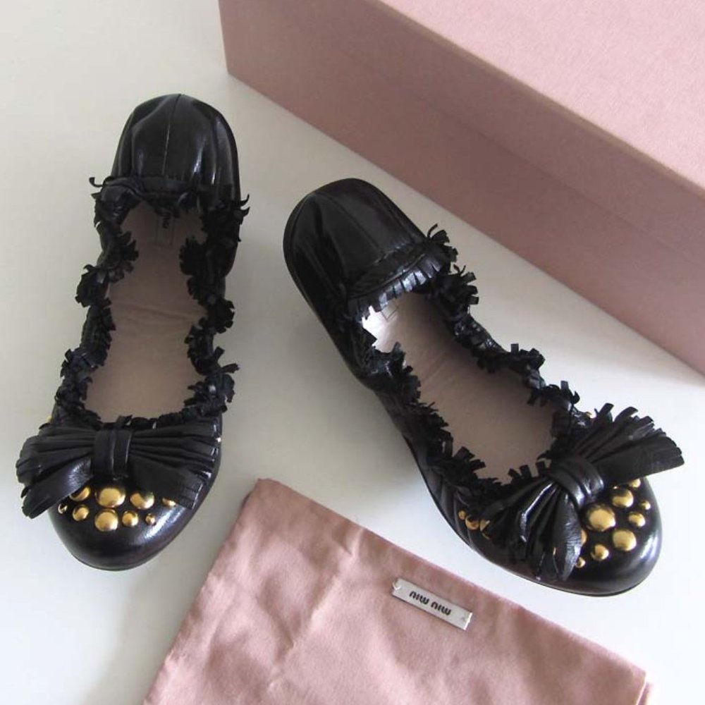 New Miu Miu Black Studded Bow Ballet Flats 36 6 Us - image 3